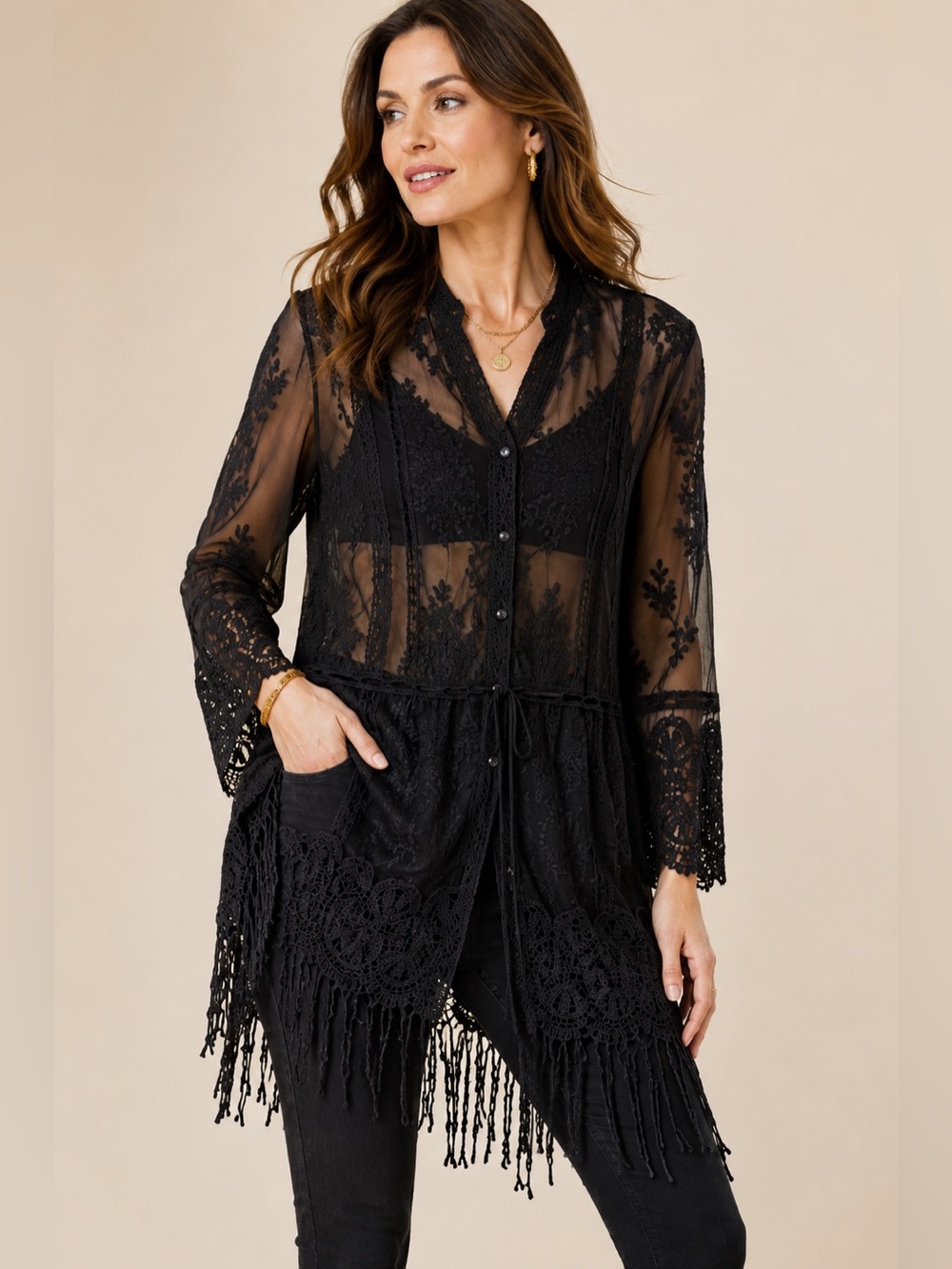 Boston Proper Black Lace Fringe Tunic Top Medium Sheer Boho Button Front - Picture 3 of 12